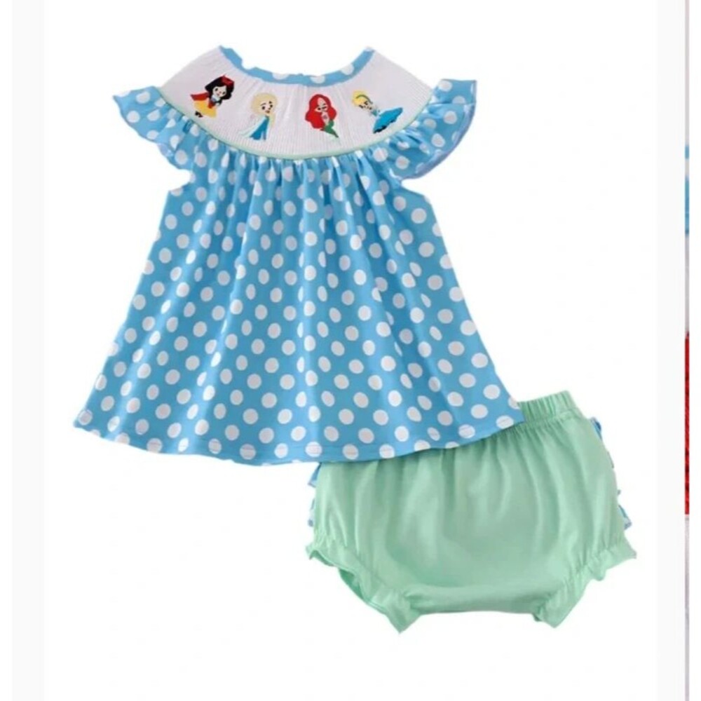 Baby 12 months Smocked Embroidered Disney Princess Polk-a-dot Dress w/ bloomers